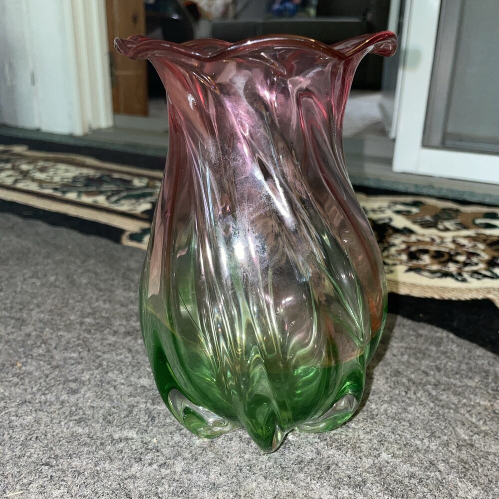 Vtg Unique Teleflora Vase Pink-Green Twirl Hand Blown Excellent Condition